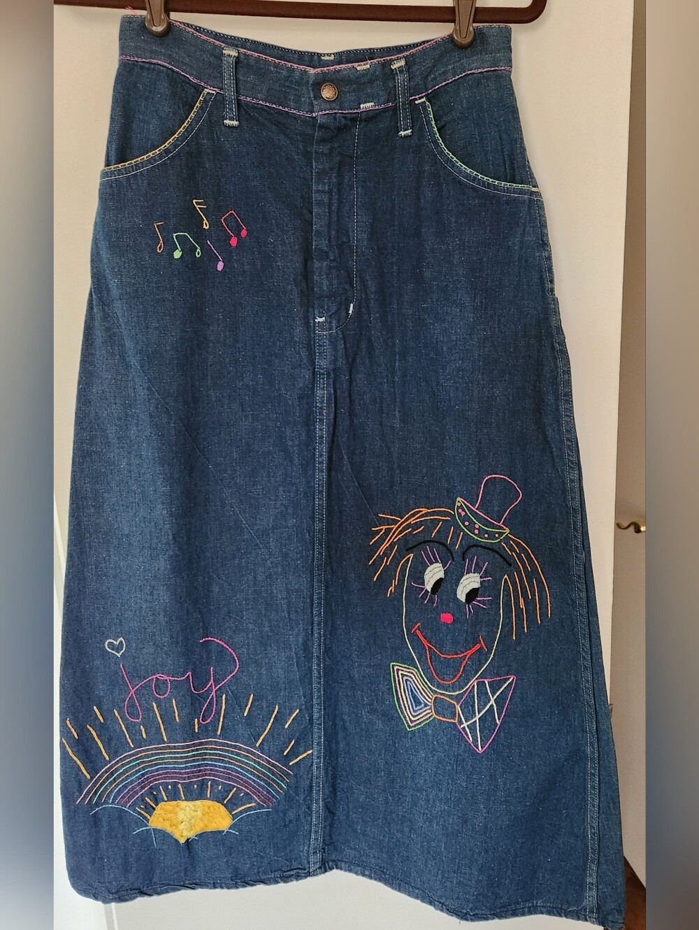 Denim Midi Dress with Colorful Embroidery - Blue